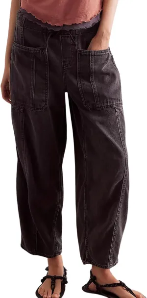 CHARTOU Women's Trendy Mid Rise Barrel Jeans Drawstring Boyfriend Denim Pants Harem Y2K Jeans with Pockets