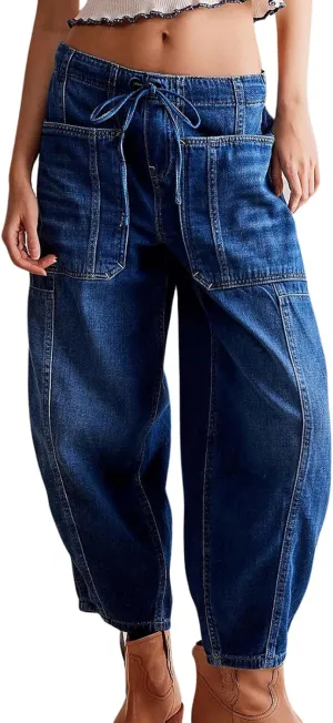 CHARTOU Women's Trendy Mid Rise Barrel Jeans Drawstring Boyfriend Denim Pants Harem Y2K Jeans with Pockets
