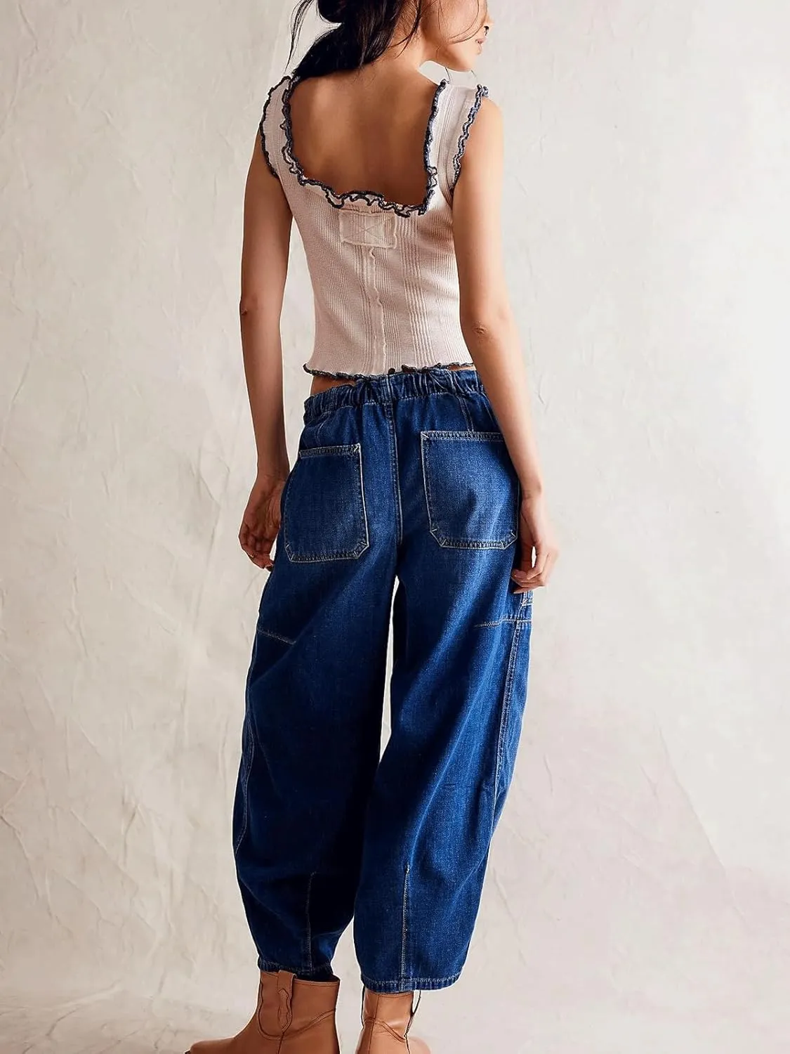 CHARTOU Women's Trendy Mid Rise Barrel Jeans Drawstring Boyfriend Denim Pants Harem Y2K Jeans with Pockets