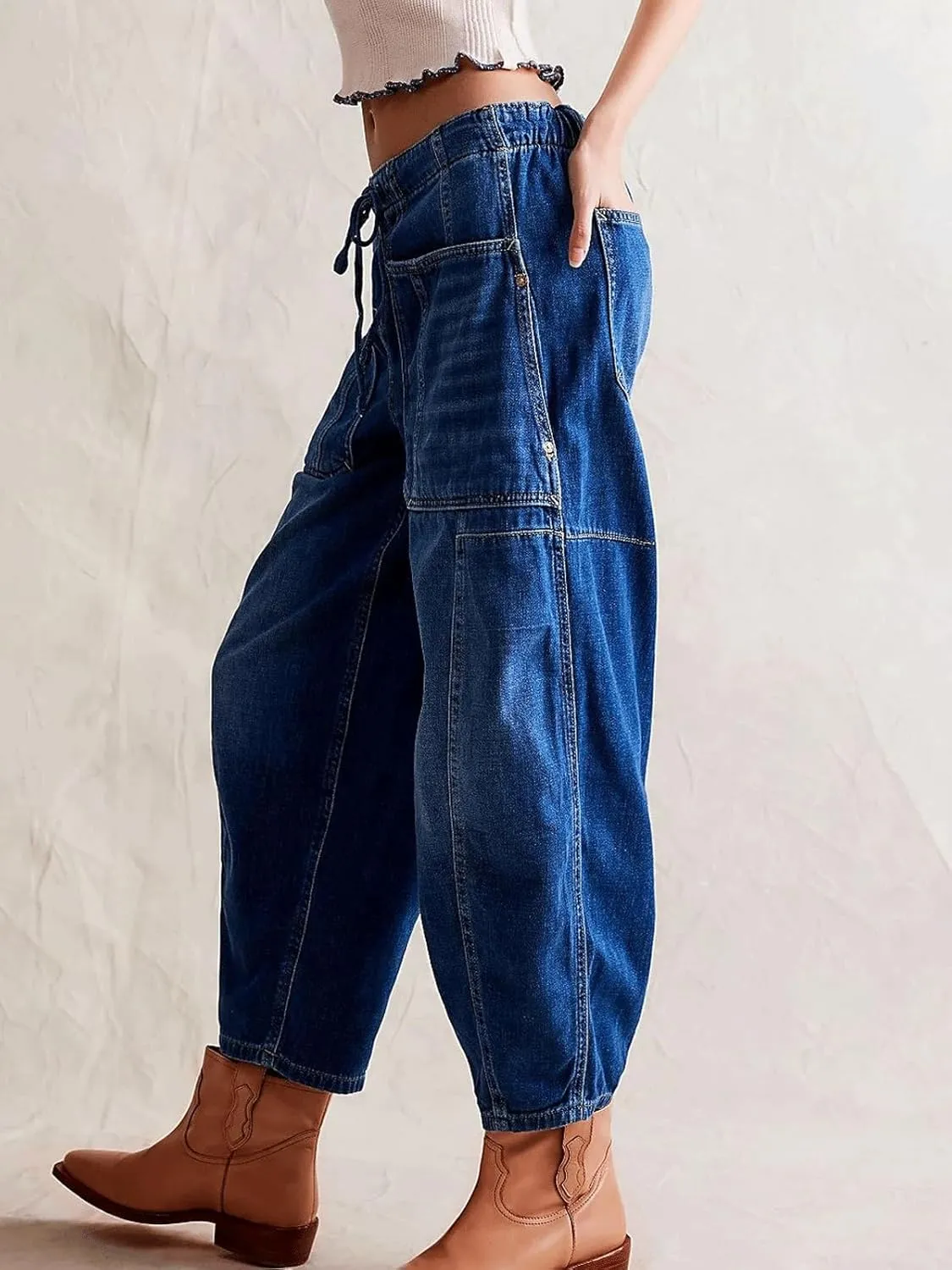 CHARTOU Women's Trendy Mid Rise Barrel Jeans Drawstring Boyfriend Denim Pants Harem Y2K Jeans with Pockets