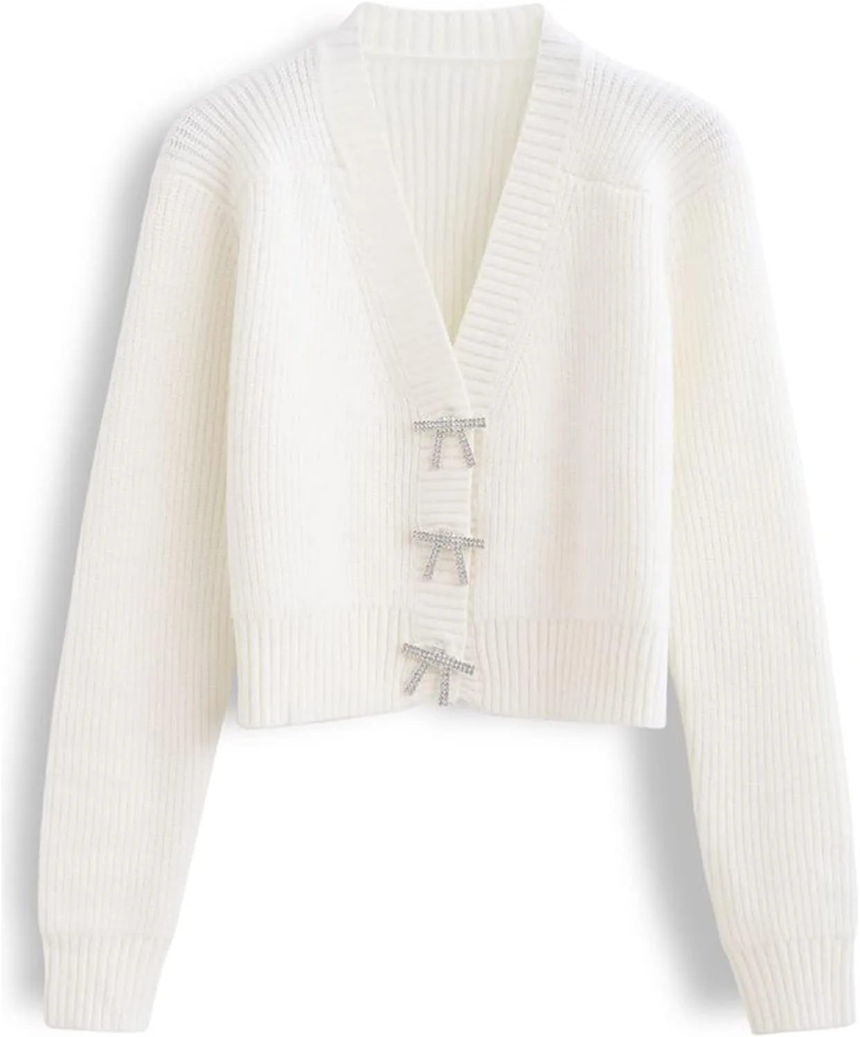 CHICWISH Women Crop Cardigan Sweaters Bowknot Brooch Button Knit Cardigans Open Front Long Sleeves Sweater Tops