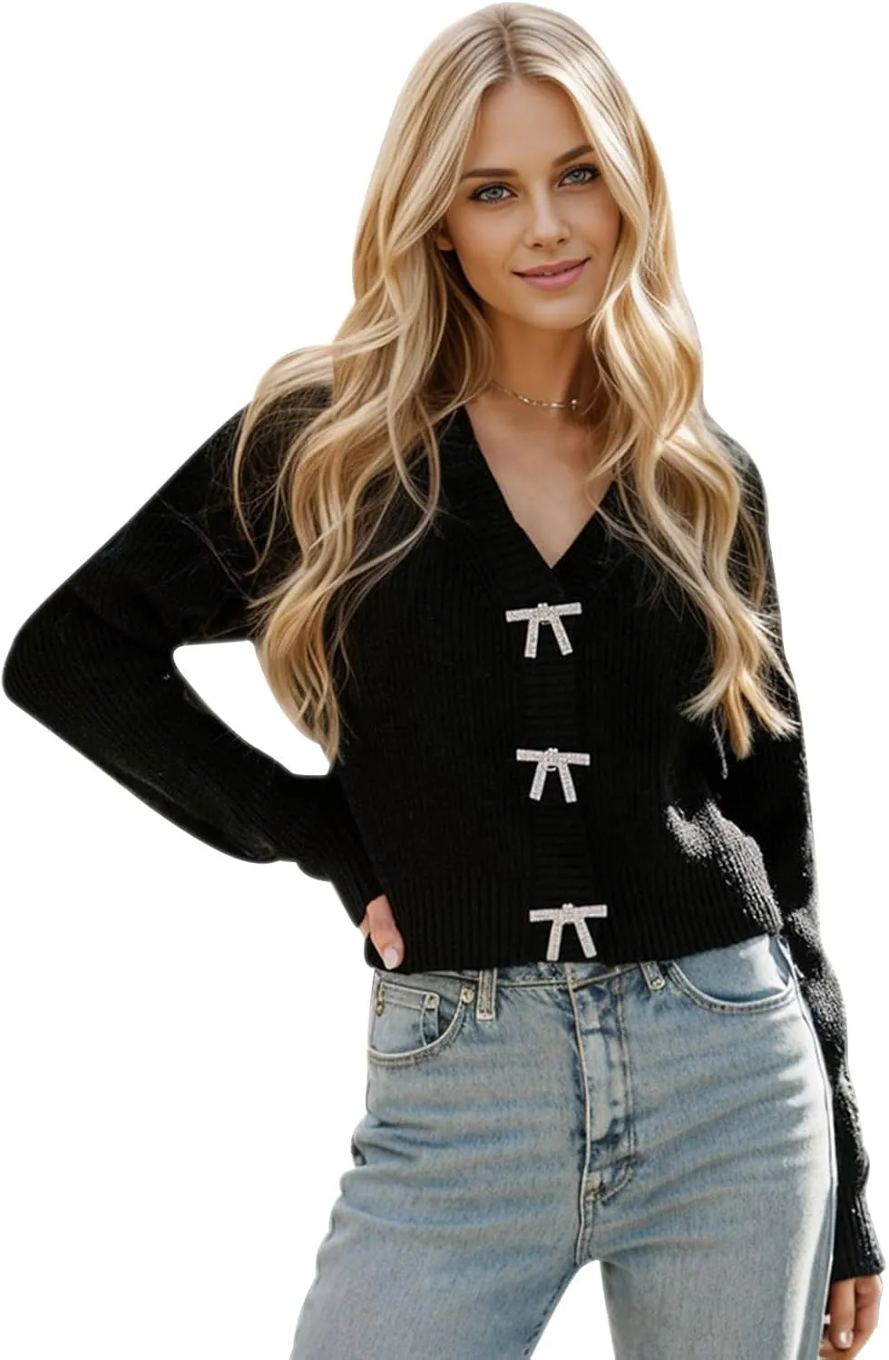 CHICWISH Women Crop Cardigan Sweaters Bowknot Brooch Button Knit Cardigans Open Front Long Sleeves Sweater Tops