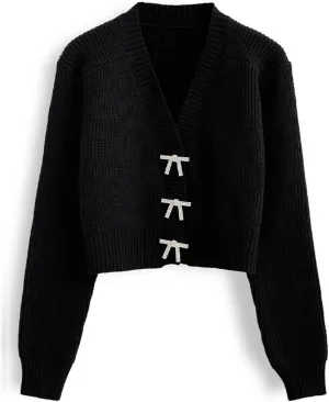CHICWISH Women Crop Cardigan Sweaters Bowknot Brooch Button Knit Cardigans Open Front Long Sleeves Sweater Tops