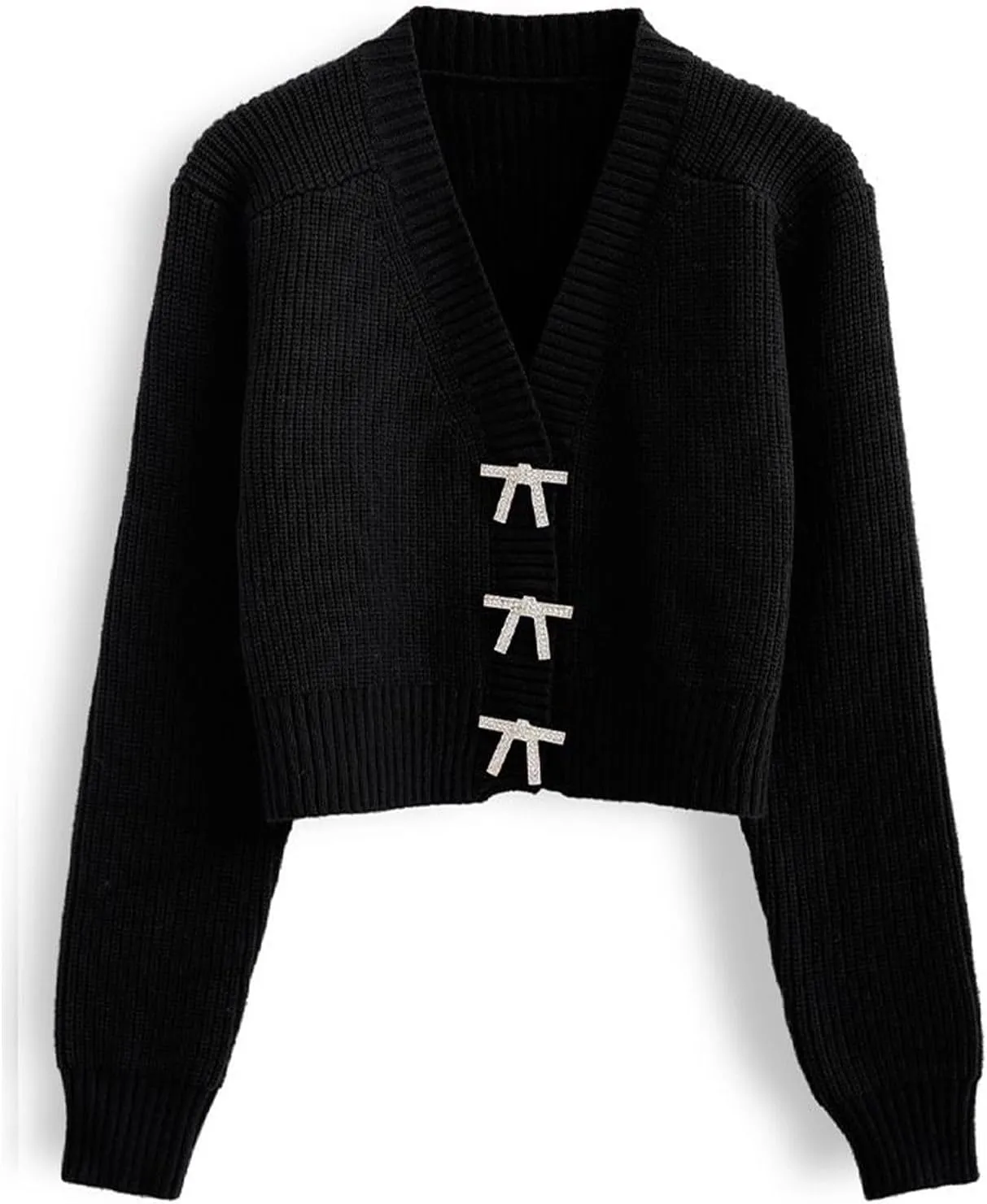 CHICWISH Women Crop Cardigan Sweaters Bowknot Brooch Button Knit Cardigans Open Front Long Sleeves Sweater Tops