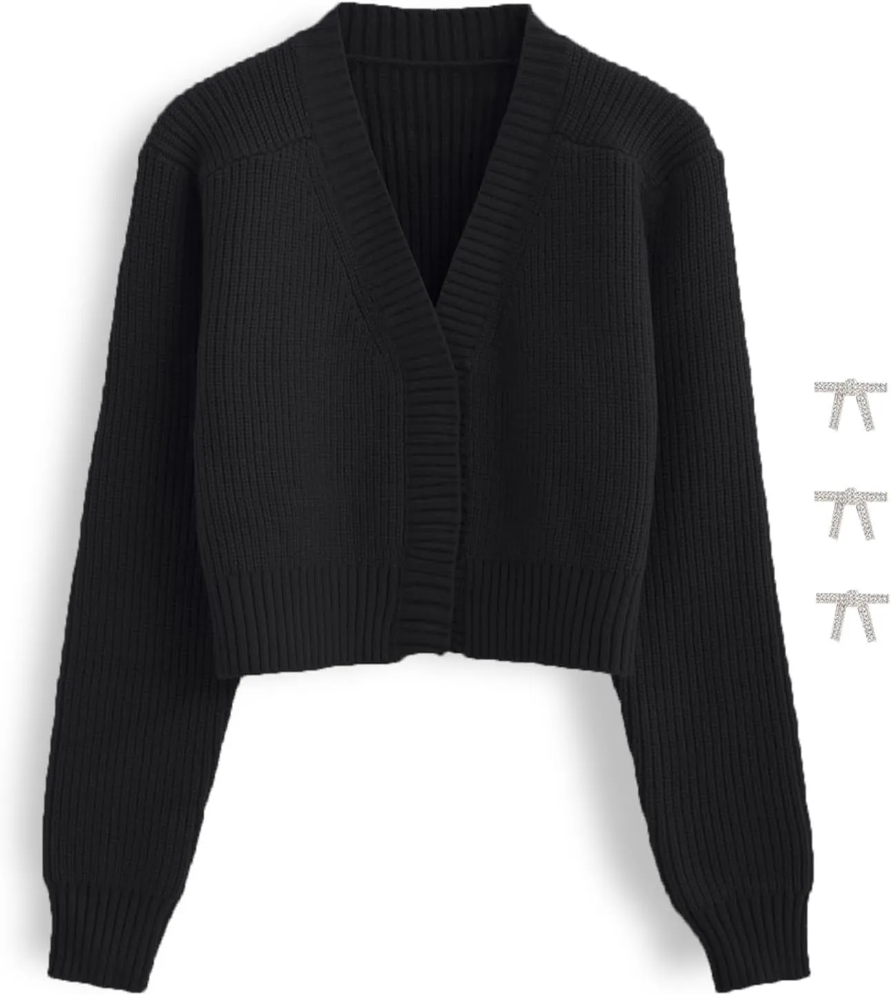 CHICWISH Women Crop Cardigan Sweaters Bowknot Brooch Button Knit Cardigans Open Front Long Sleeves Sweater Tops