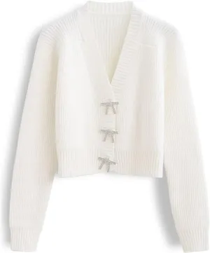 CHICWISH Women Crop Cardigan Sweaters Bowknot Brooch Button Knit Cardigans Open Front Long Sleeves Sweater Tops