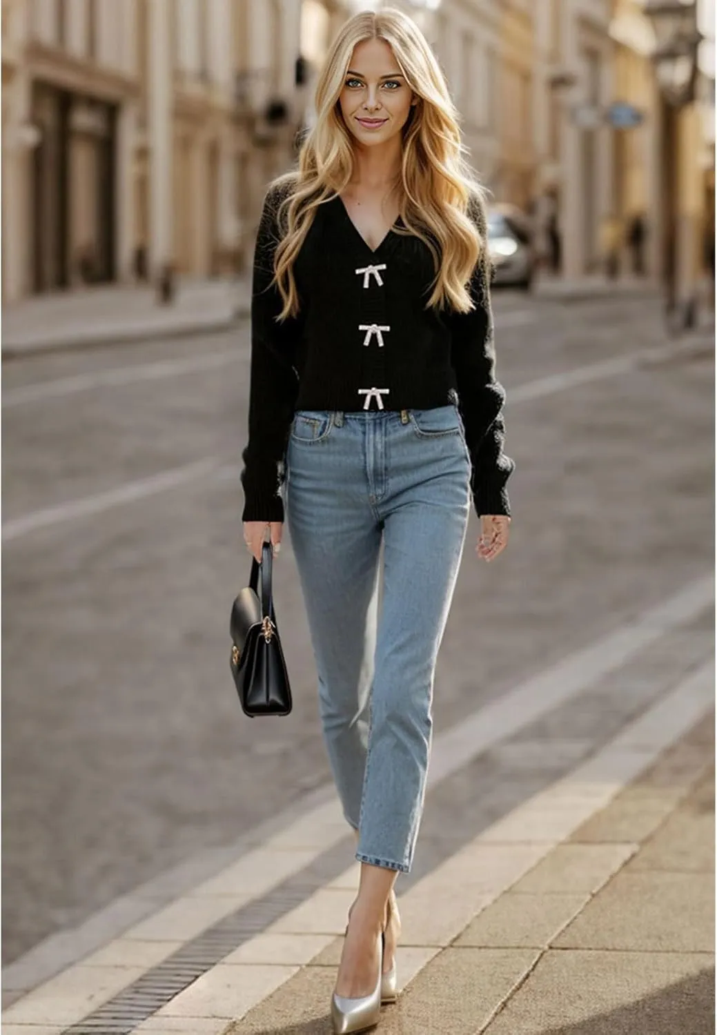 CHICWISH Women Crop Cardigan Sweaters Bowknot Brooch Button Knit Cardigans Open Front Long Sleeves Sweater Tops