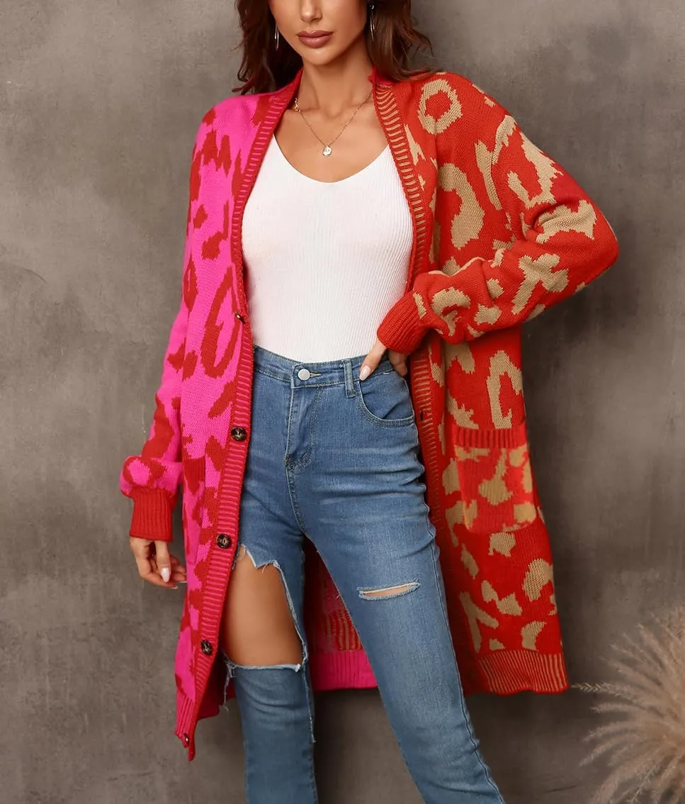 chouyatou Women's Color Block Leopard Print Button Down Long Knit Cardigan Sweaters with Pockets