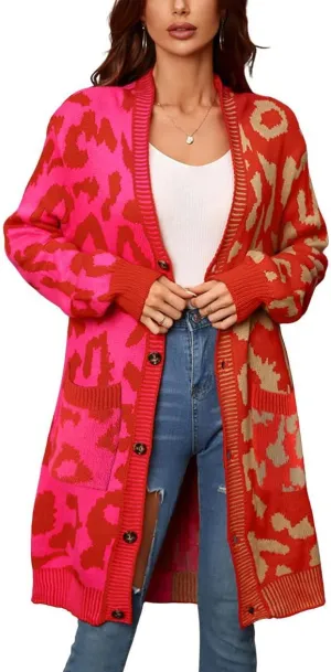 chouyatou Women's Color Block Leopard Print Button Down Long Knit Cardigan Sweaters with Pockets
