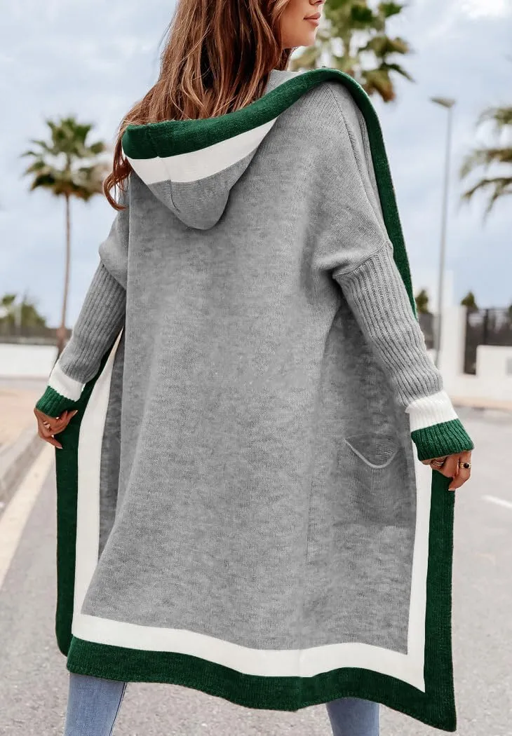 chouyatou Women's Color Block Vertical Striped Open Front Oversized Hooded Long Cardigan Sweaters with Pockets