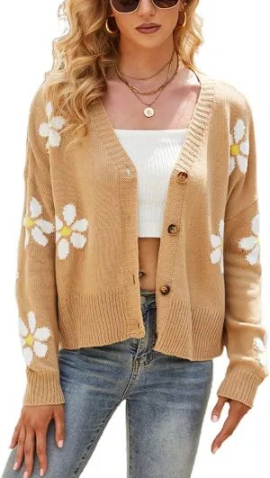 chouyatou Women's Fall Cute Daisy Button Jacquard Knit Cardigan Sweater Jacket