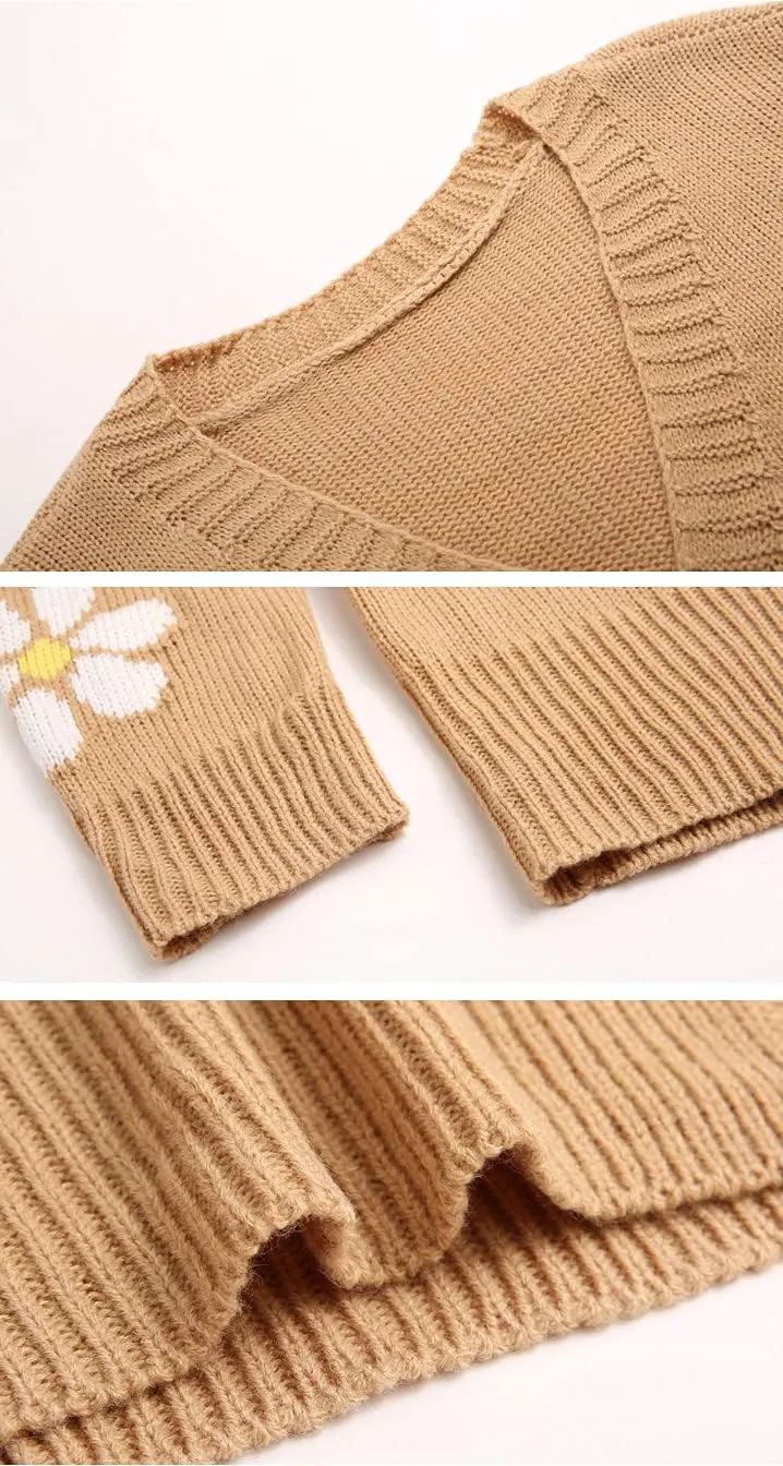 chouyatou Women's Fall Cute Daisy Button Jacquard Knit Cardigan Sweater Jacket