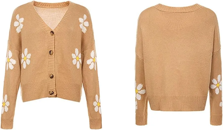 chouyatou Women's Fall Cute Daisy Button Jacquard Knit Cardigan Sweater Jacket