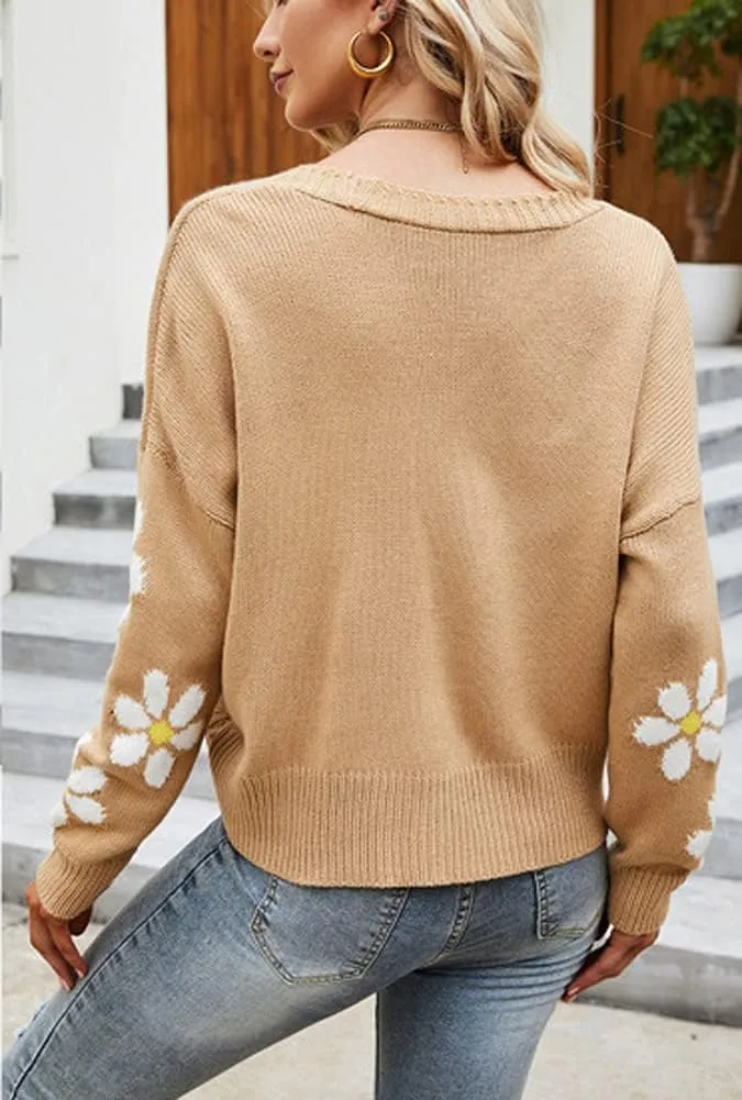 chouyatou Women's Fall Cute Daisy Button Jacquard Knit Cardigan Sweater Jacket