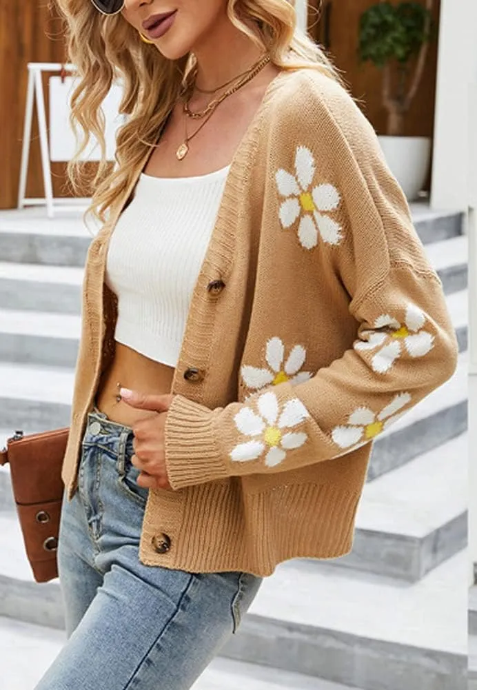 chouyatou Women's Fall Cute Daisy Button Jacquard Knit Cardigan Sweater Jacket