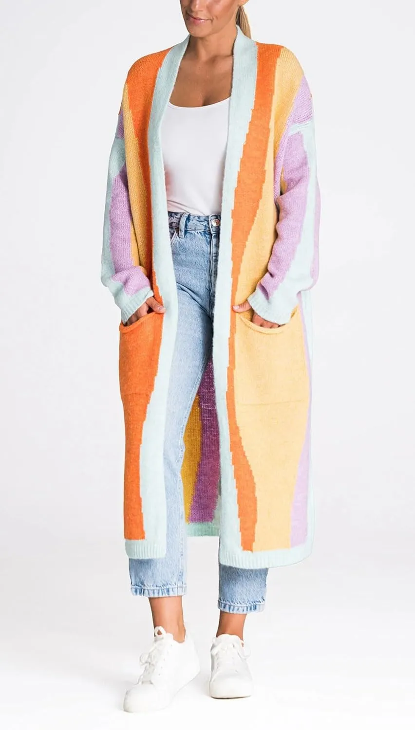 chouyatou Women's Fall Open Front Color Block Long Cardigan Sweater Coat Casual Vertical Striped Coatigan