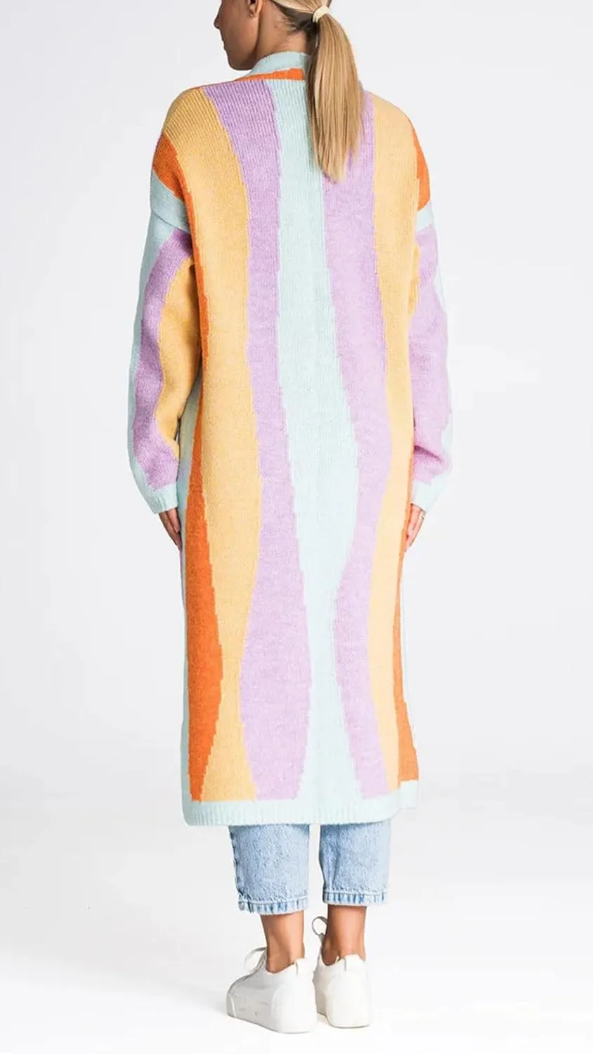 chouyatou Women's Fall Open Front Color Block Long Cardigan Sweater Coat Casual Vertical Striped Coatigan
