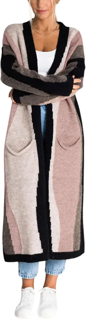chouyatou Women's Fall Open Front Color Block Long Cardigan Sweater Coat Casual Vertical Striped Coatigan