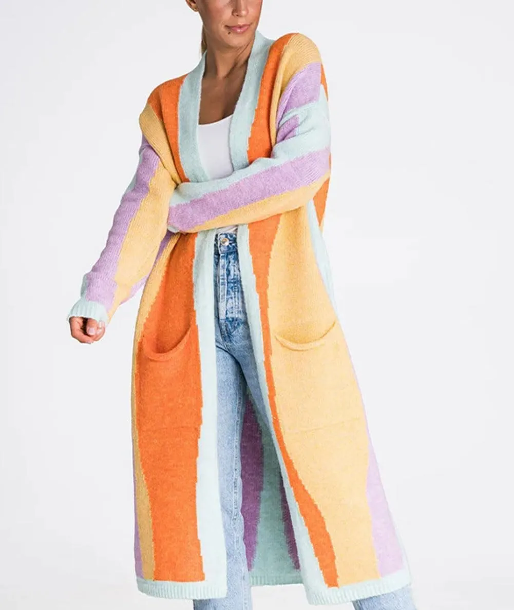 chouyatou Women's Fall Open Front Color Block Long Cardigan Sweater Coat Casual Vertical Striped Coatigan
