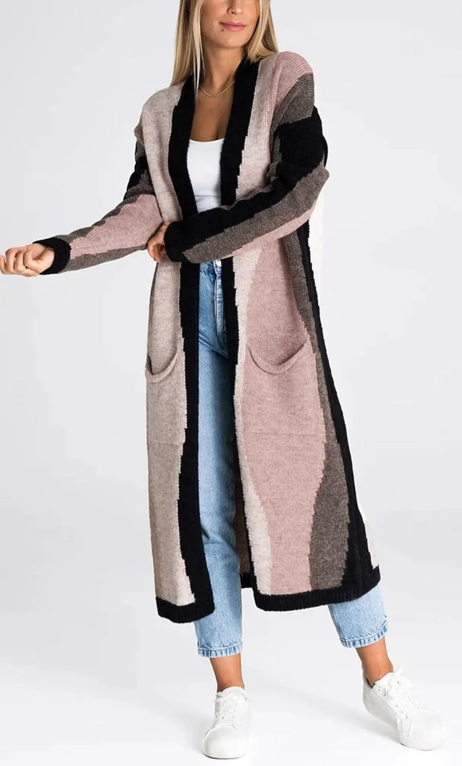 chouyatou Women's Fall Open Front Color Block Long Cardigan Sweater Coat Casual Vertical Striped Coatigan