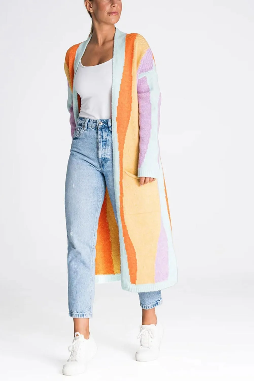 chouyatou Women's Fall Open Front Color Block Long Cardigan Sweater Coat Casual Vertical Striped Coatigan