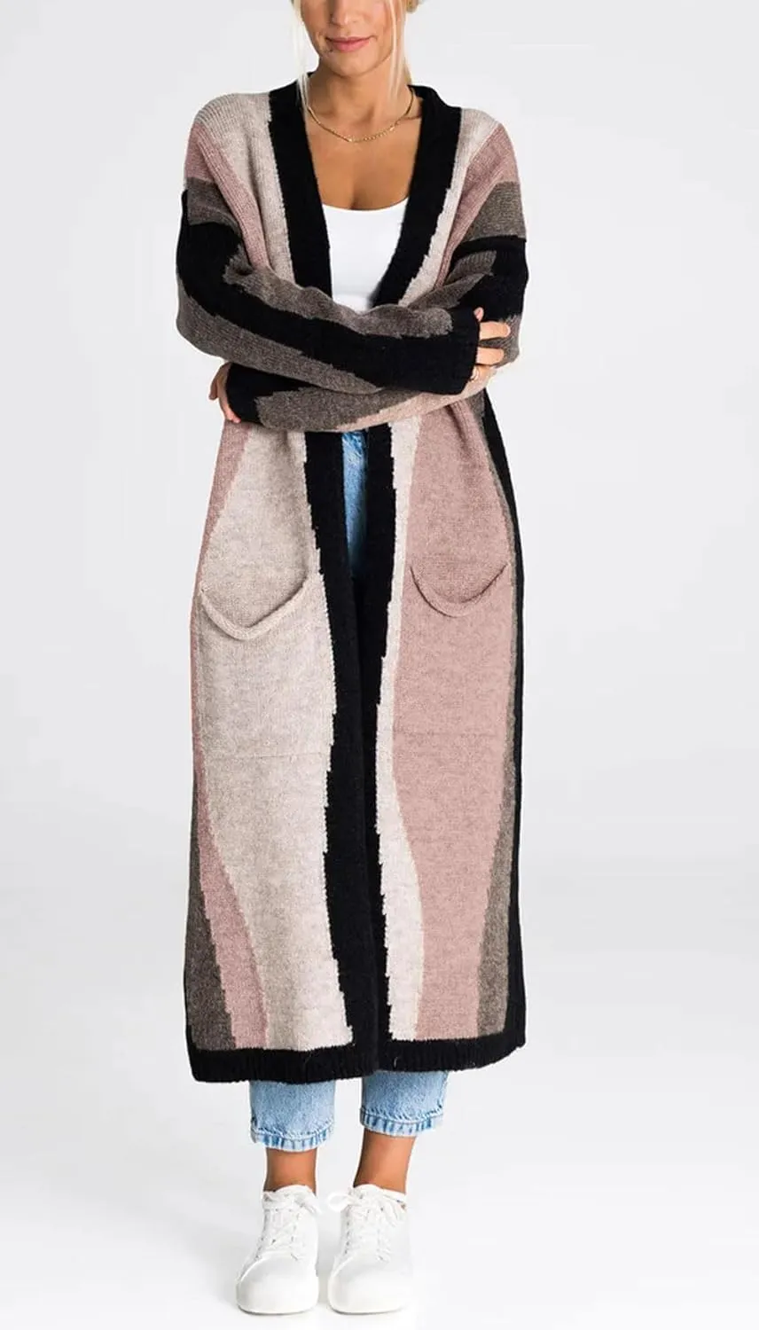 chouyatou Women's Fall Open Front Color Block Long Cardigan Sweater Coat Casual Vertical Striped Coatigan
