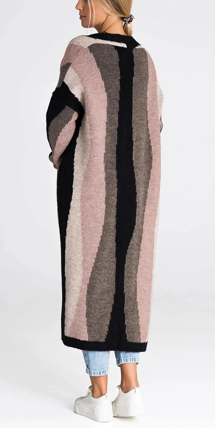chouyatou Women's Fall Open Front Color Block Long Cardigan Sweater Coat Casual Vertical Striped Coatigan