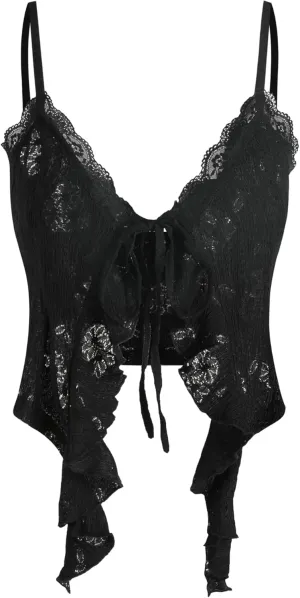 CIDER Going Out Tops for Women Y2K Tie Front Asymmetrical Ruffle Hem Lace Spaghetti Strap Cowgirl Crop Tops