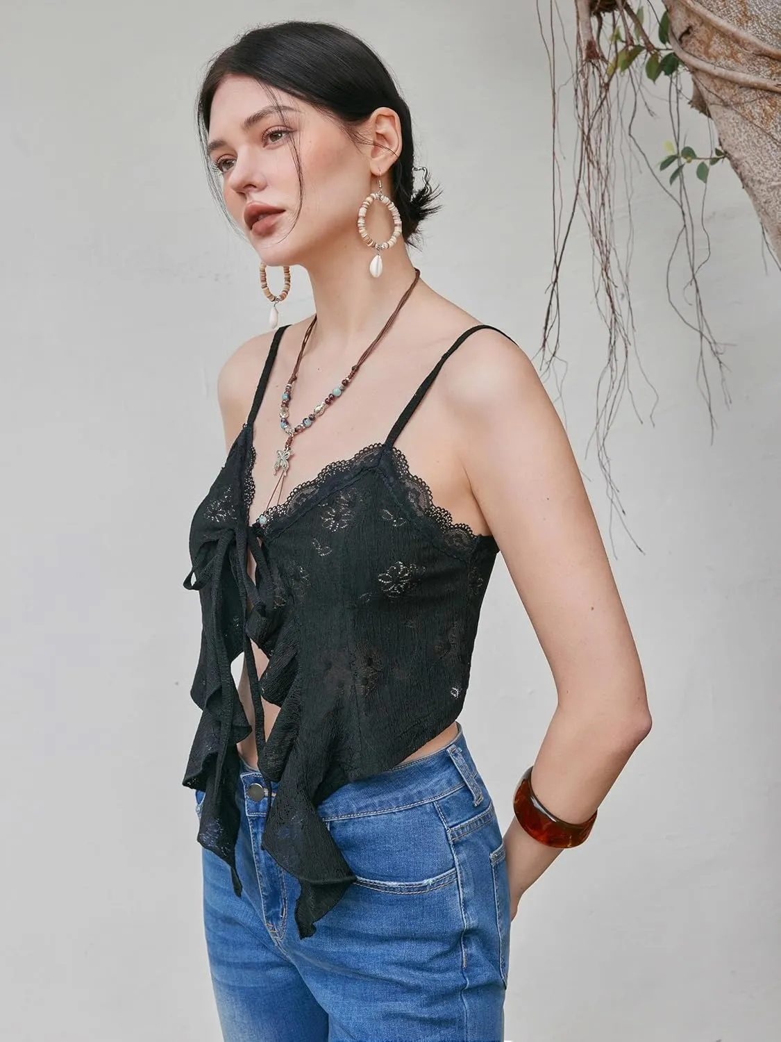 CIDER Going Out Tops for Women Y2K Tie Front Asymmetrical Ruffle Hem Lace Spaghetti Strap Cowgirl Crop Tops