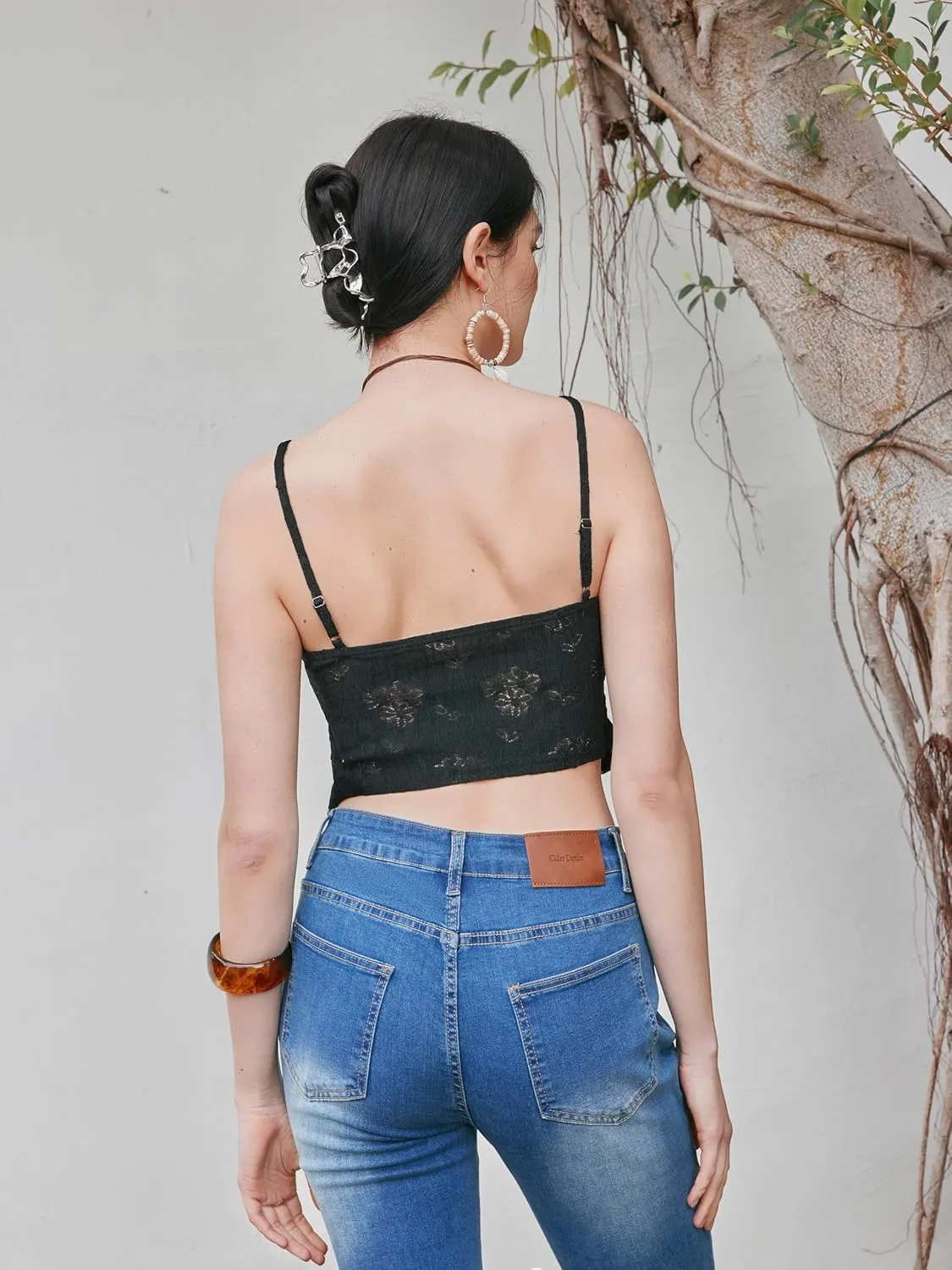 CIDER Going Out Tops for Women Y2K Tie Front Asymmetrical Ruffle Hem Lace Spaghetti Strap Cowgirl Crop Tops