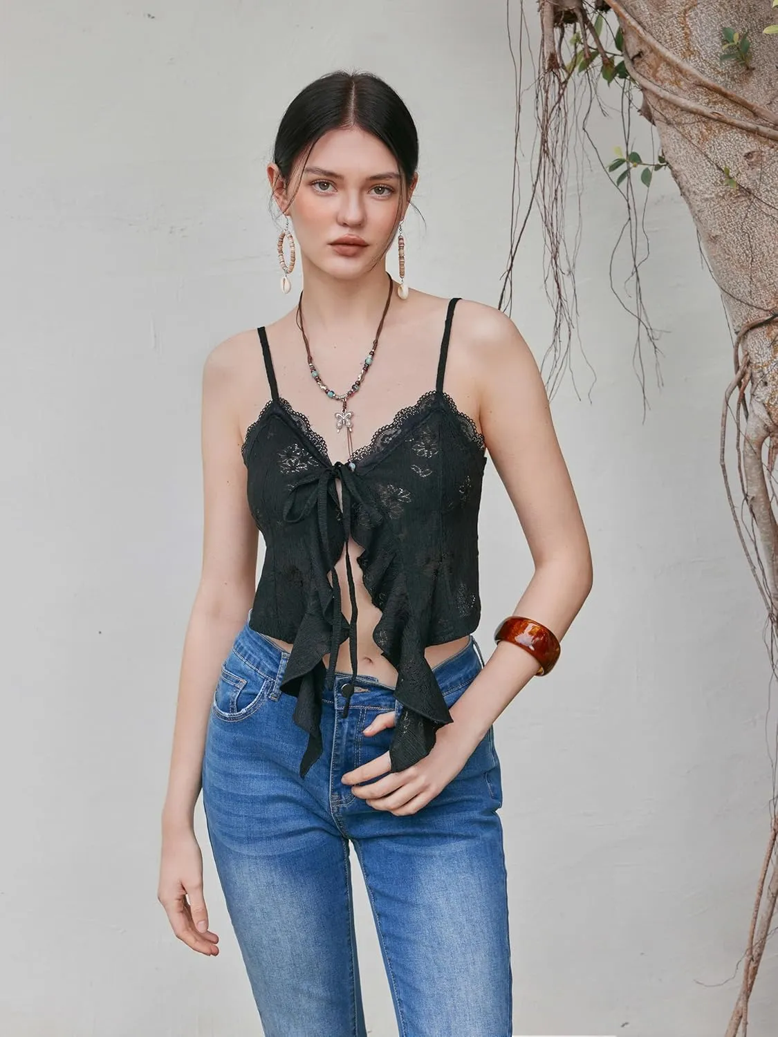 CIDER Going Out Tops for Women Y2K Tie Front Asymmetrical Ruffle Hem Lace Spaghetti Strap Cowgirl Crop Tops