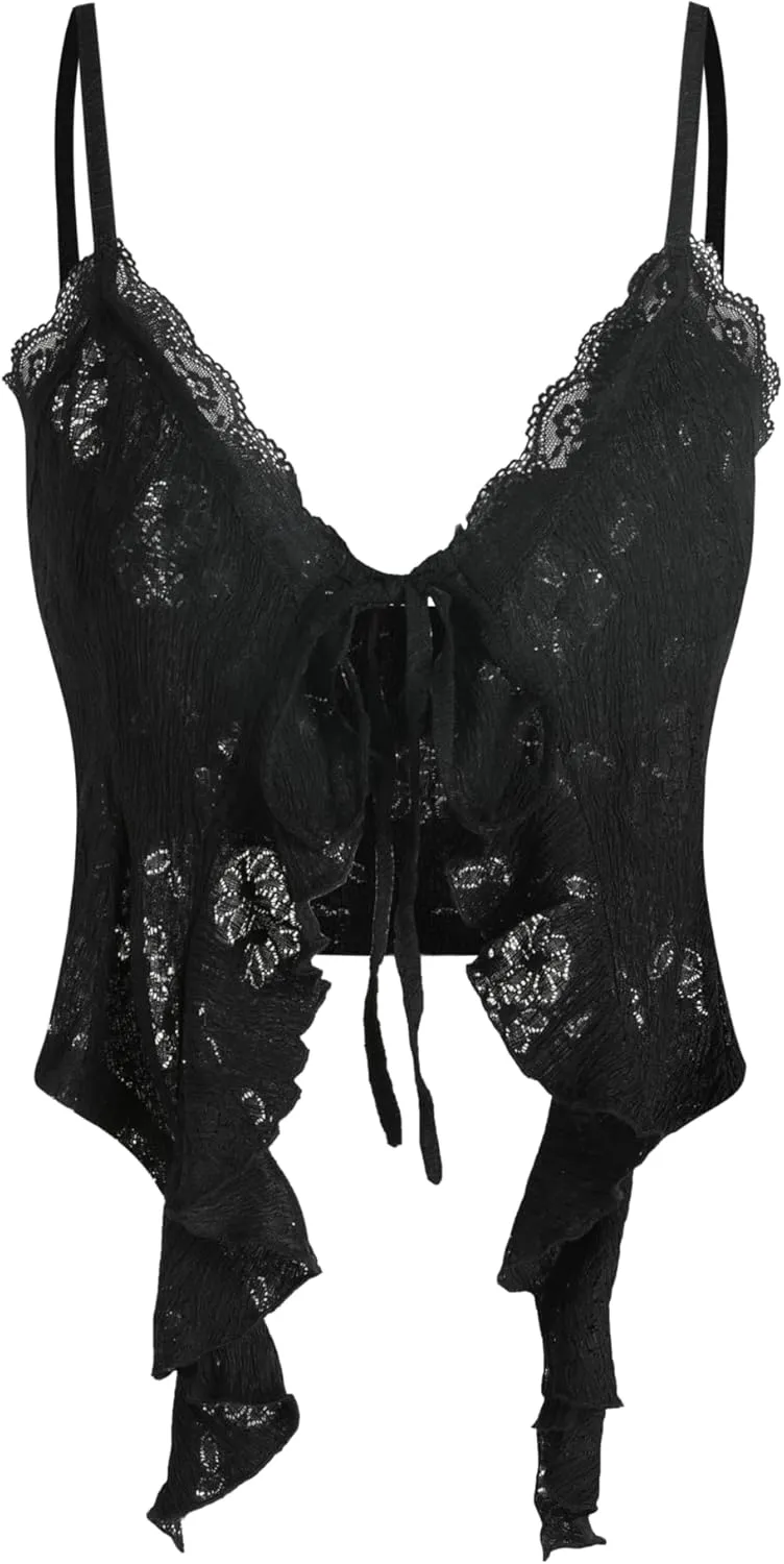 CIDER Going Out Tops for Women Y2K Tie Front Asymmetrical Ruffle Hem Lace Spaghetti Strap Cowgirl Crop Tops