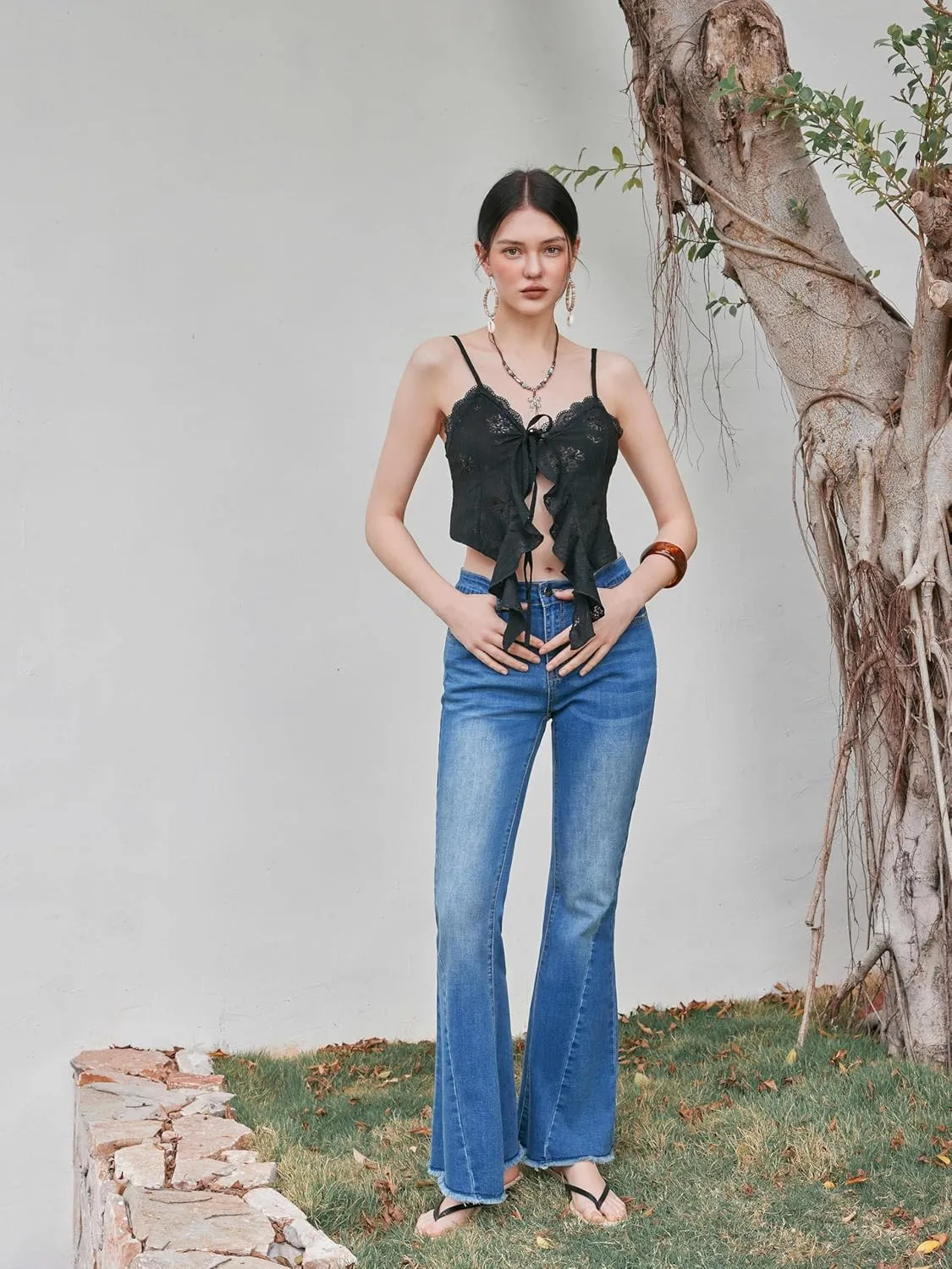 CIDER Going Out Tops for Women Y2K Tie Front Asymmetrical Ruffle Hem Lace Spaghetti Strap Cowgirl Crop Tops