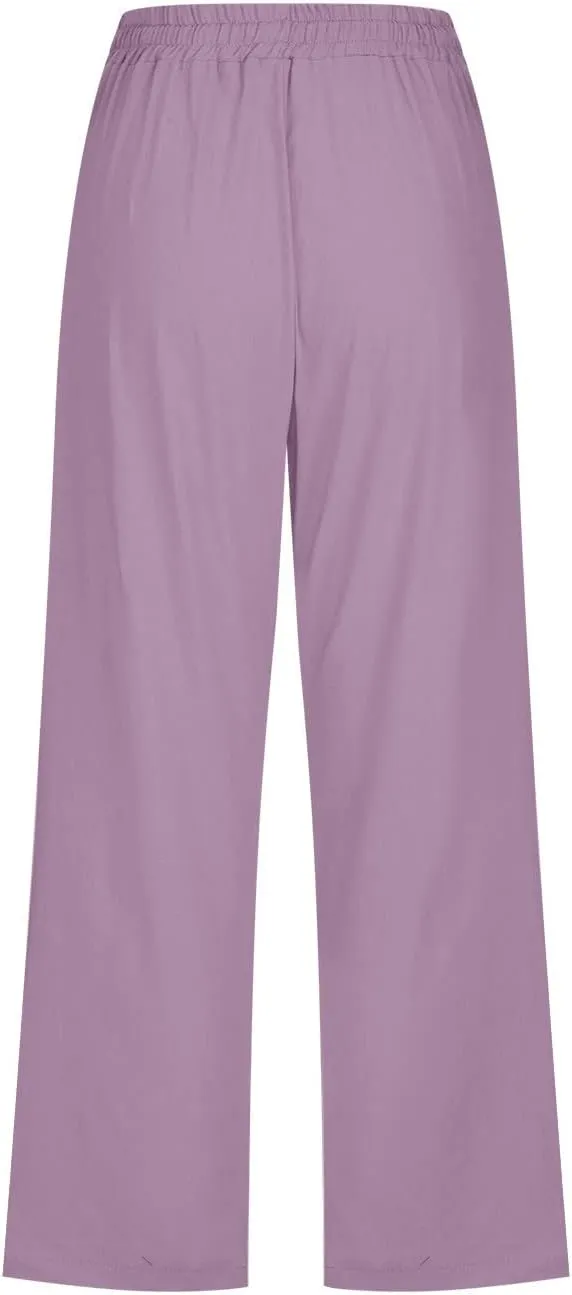 Cotton Linen Capri Pants for Women 2025 Casual Summer Drawstring Elastic Waist Wide Leg Cropped Trousers with Pockets