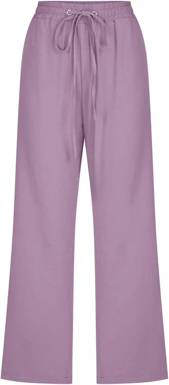 Cotton Linen Capri Pants for Women 2025 Casual Summer Drawstring Elastic Waist Wide Leg Cropped Trousers with Pockets