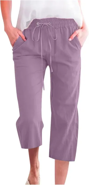 Cotton Linen Capri Pants for Women 2025 Casual Summer Drawstring Elastic Waist Wide Leg Cropped Trousers with Pockets