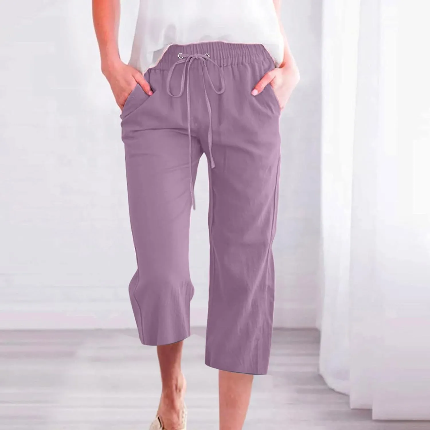 Cotton Linen Capri Pants for Women 2025 Casual Summer Drawstring Elastic Waist Wide Leg Cropped Trousers with Pockets