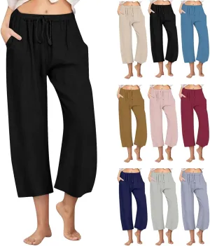 Cotton Linen Pants for Women 2025 Wide Leg Cropped Lounge Trousers Drawstring Elastic Waist Summer Beach Pant Outfits