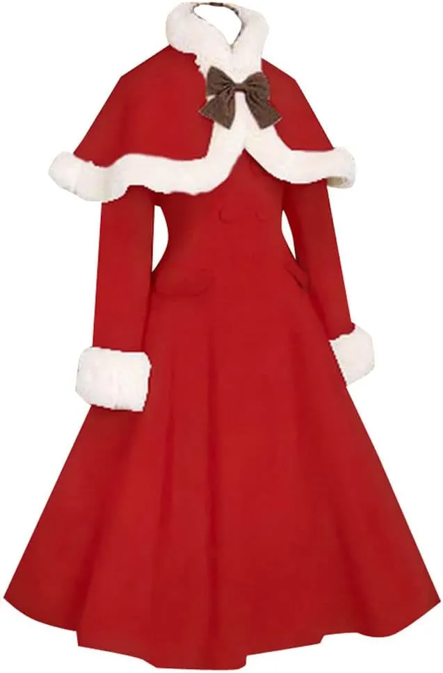 CountryWomen Retro Sweet Lolita Winter Overcoat Faux Fur Cape Thick Wool Trench Coat Jacket Winter Warm Shawl Princess Dress