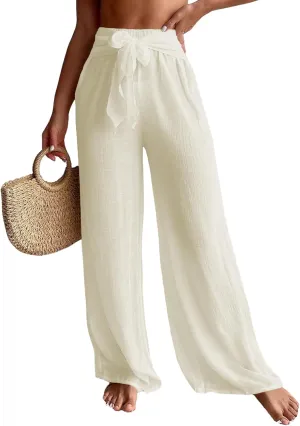 COZYEASE Women's Beach Cover Up Pants Mesh Tie Front Wide Leg Loose Bathing Suit Cover Up Beach Pants