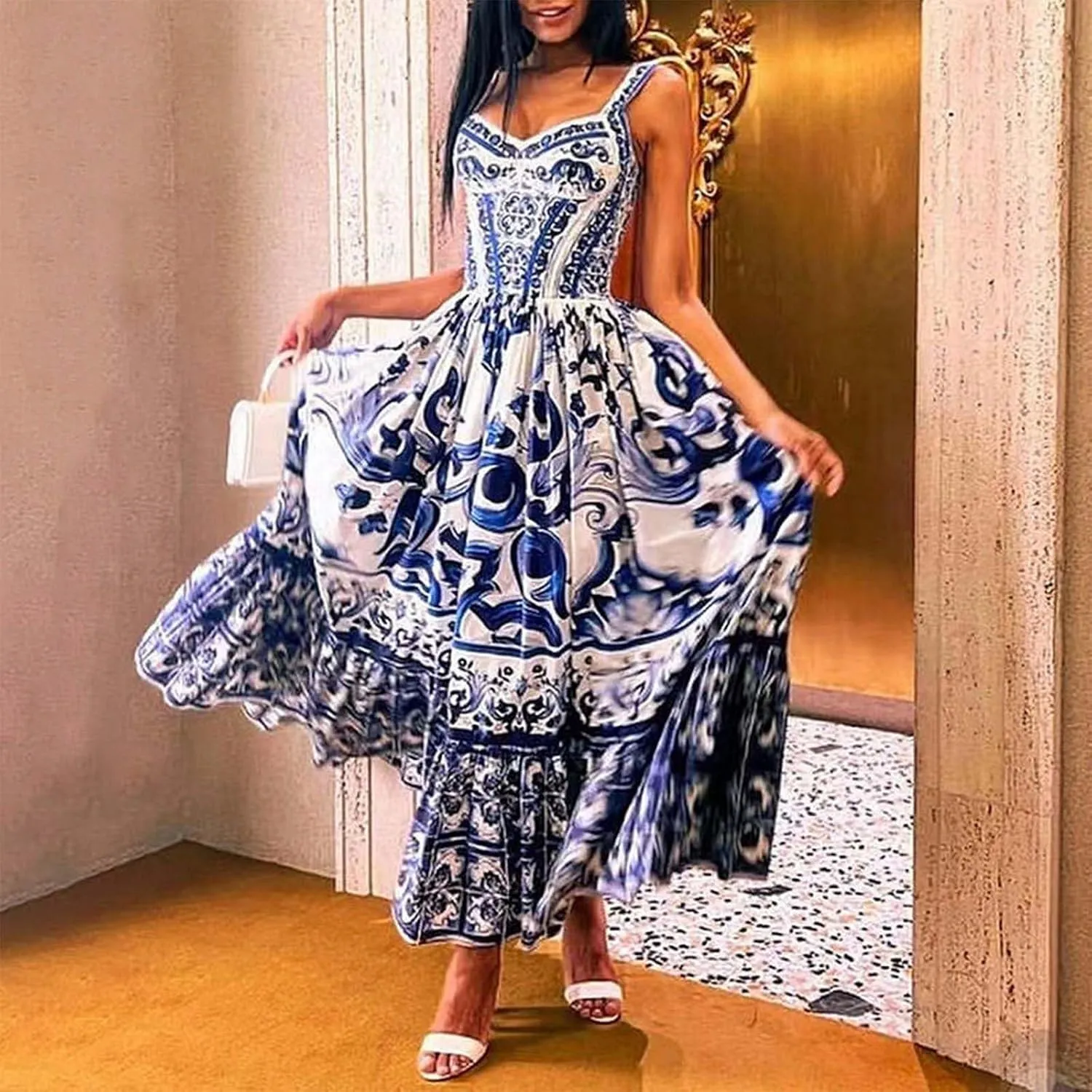 Crzidha Maxi Dresses for Women 2024 Summer Bohemian Floral Print Sleeveless A Line Ruffle Party Beach Sundresses
