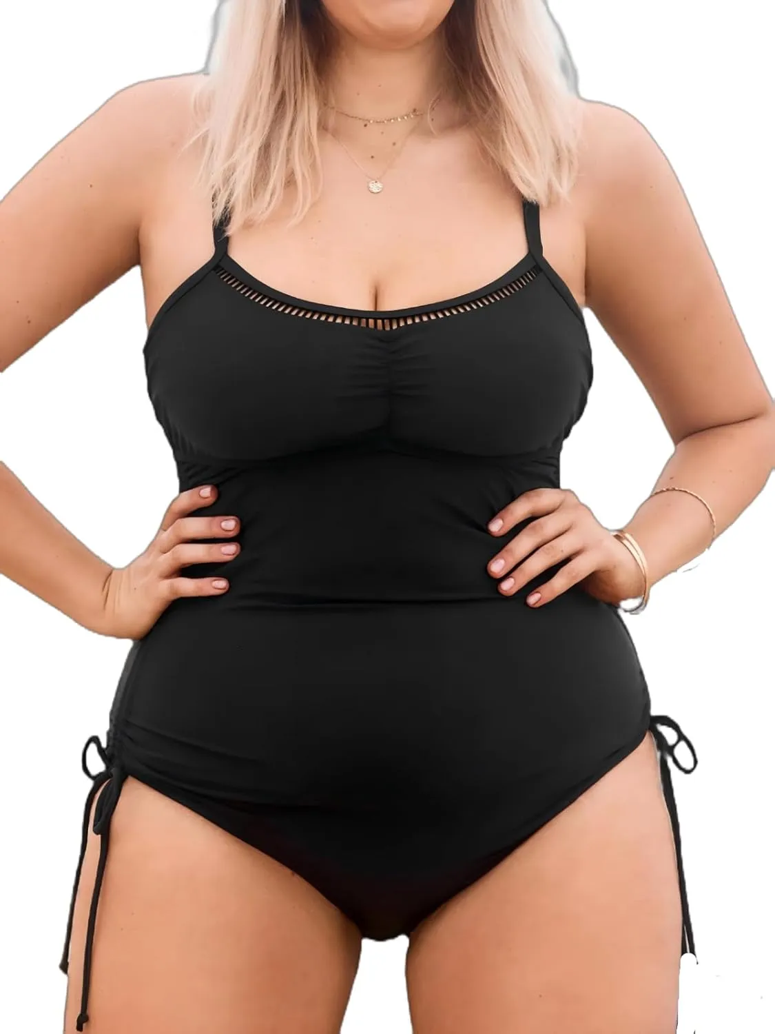 CUPSHE Plus Size Women's One Piece Bathing Suit Scoop Neck Swimsuit Cutouts Side Drawstring Adjustable Straps