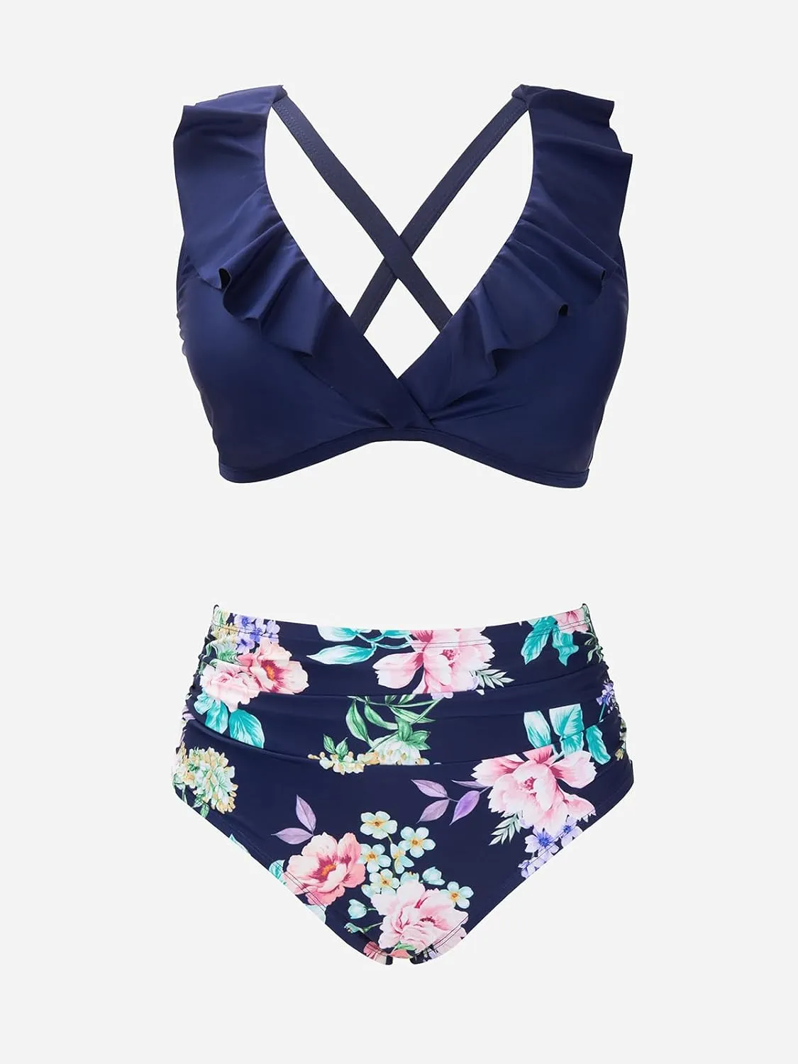 CUPSHE Women Swimsuit Plus Size Bikini Set High Waisted Ruffled Front Self Tie Back Ruched Bathing Suit