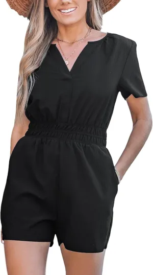 CUPSHE Women's Romper Overall Short Sleeves Smocked Waist Wide Leg Boho Jumpsuits Rompers Dressy 2025