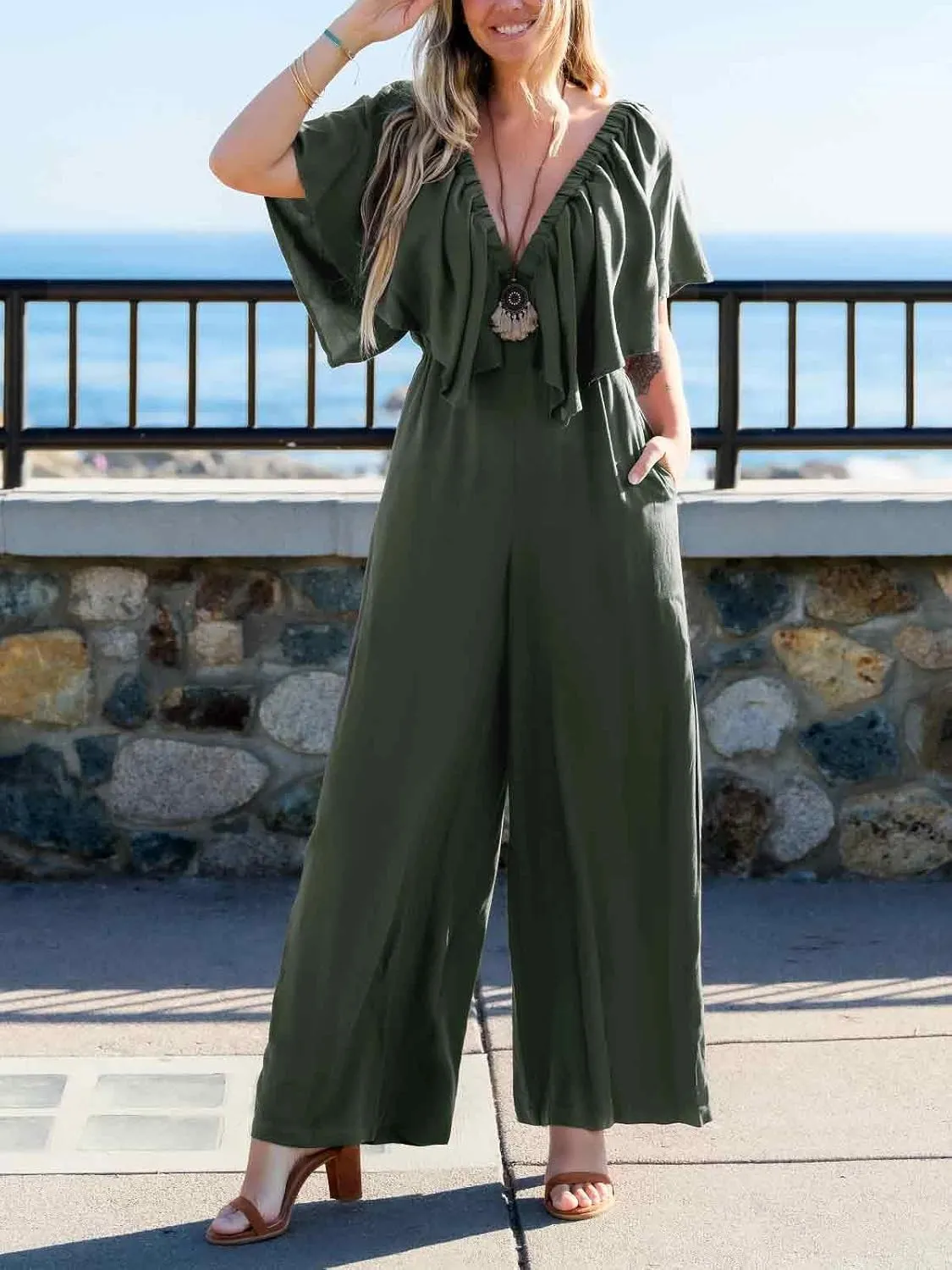 CUPSHE Women's Summer Deep Neck Jumpsuit Short Sleeves Ruffle Straight Leg Long Pants with Pockets Beach Vacation Outfit
