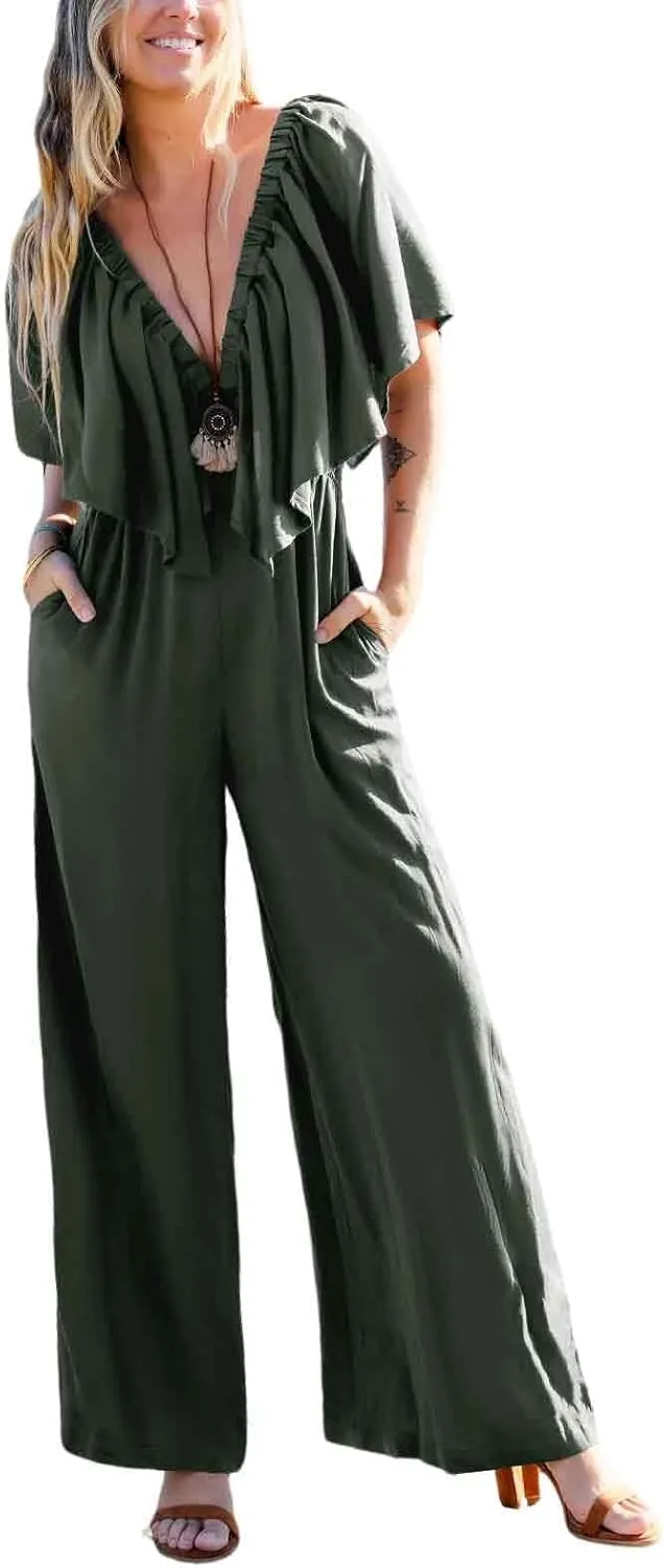 CUPSHE Women's Summer Deep Neck Jumpsuit Short Sleeves Ruffle Straight Leg Long Pants with Pockets Beach Vacation Outfit