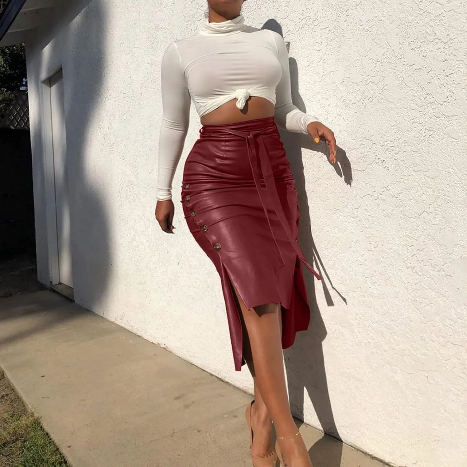 Daysskk Women's Faux Leather Pencil Skirt Asymmetrical Skirt High Waist