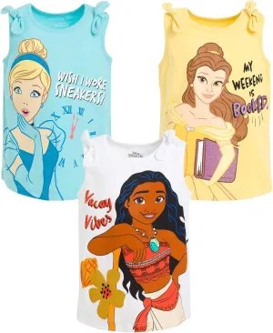 Disney Princess Cinderella Belle Moana Ariel Rapunzel Jasmine Baby Girls 3 Pack Tank Tops Infant to Little Kid