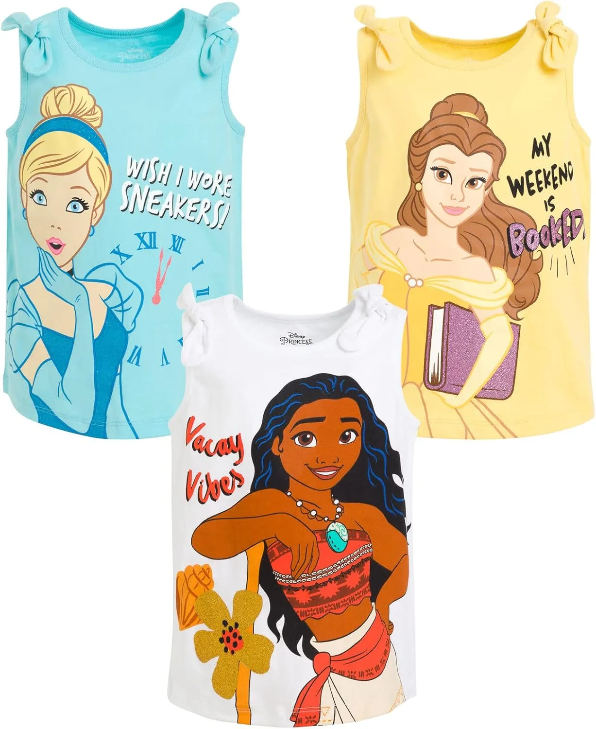 Disney Princess Cinderella Belle Moana Ariel Rapunzel Jasmine Baby Girls 3 Pack Tank Tops Infant to Little Kid