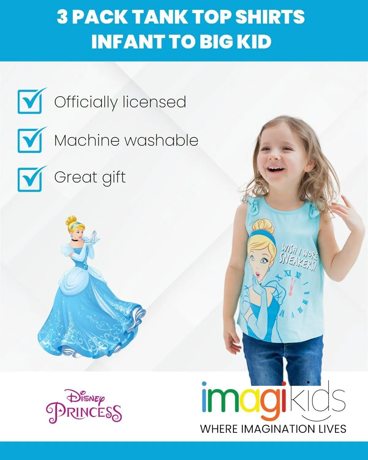 Disney Princess Cinderella Belle Moana Ariel Rapunzel Jasmine Baby Girls 3 Pack Tank Tops Infant to Little Kid